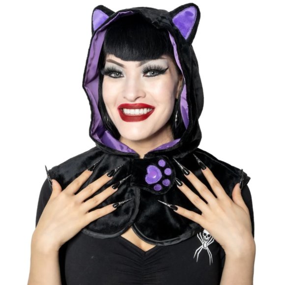 Cat Black & Purple Horror Hood Velvety Faux Fur Full Cover Hat NWT
